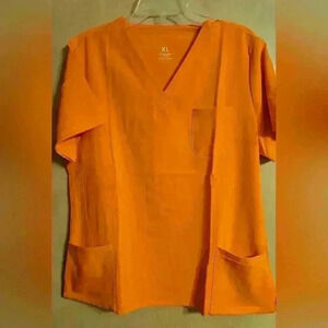 Women's Orange Scrub Top XL V-neck Stretch Fall Hallmark